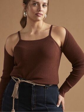 Anthropologie Ribbed Cut-Out Sweater Boho Grunge Chic Cocoa Rust Plus Size 3X